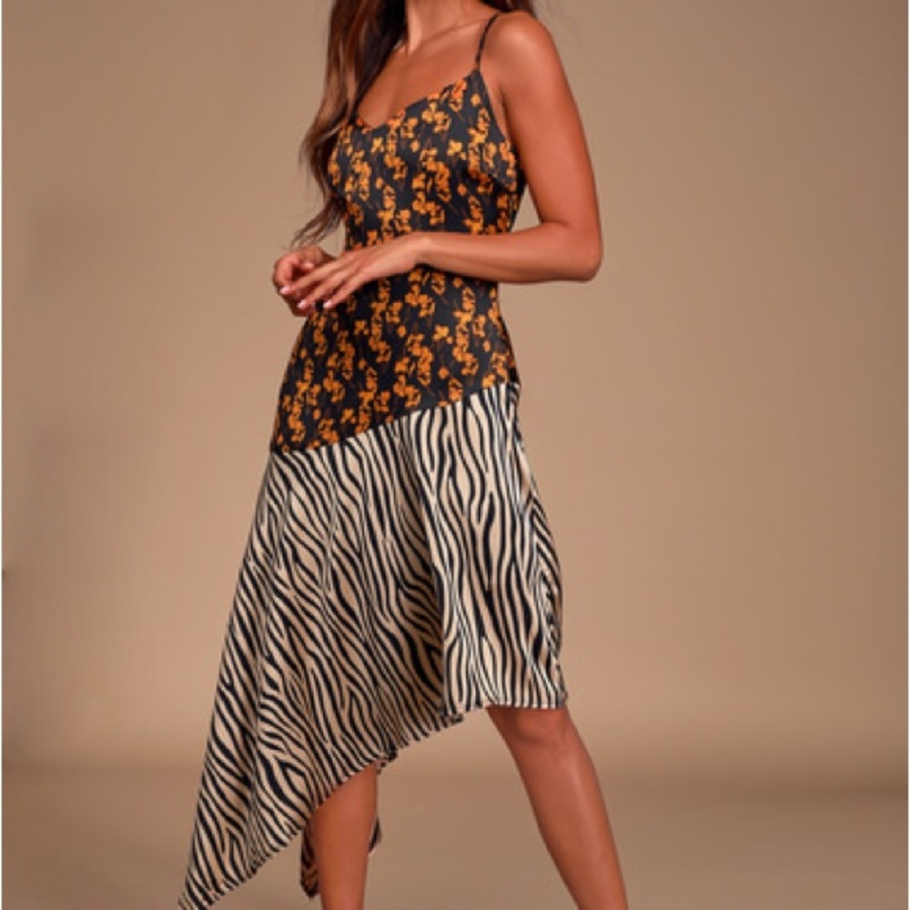 Gold Mine Black Multi Print Satin Asymmetrical Midi Dress